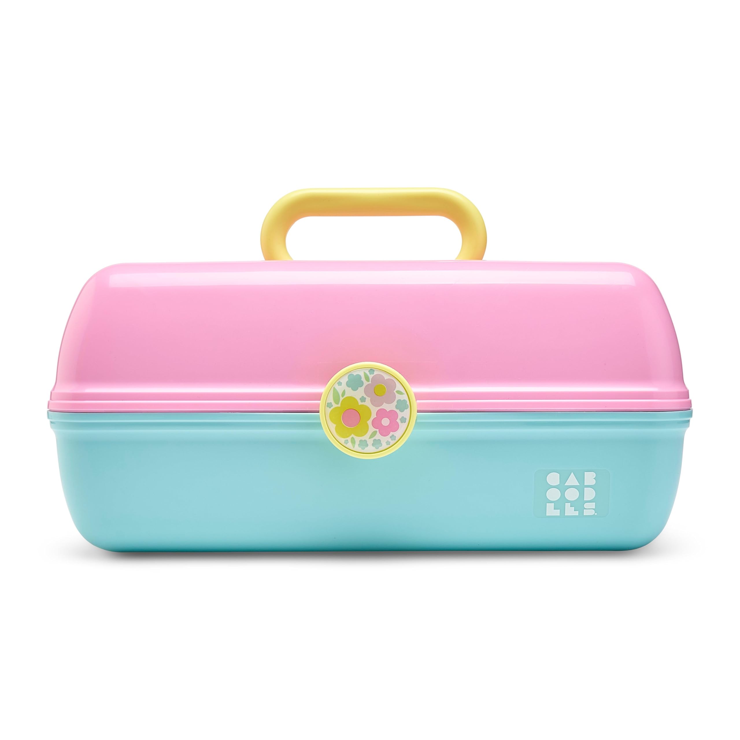 Caboodles front exterior showing two-tone pink and blue and secure latch for travel