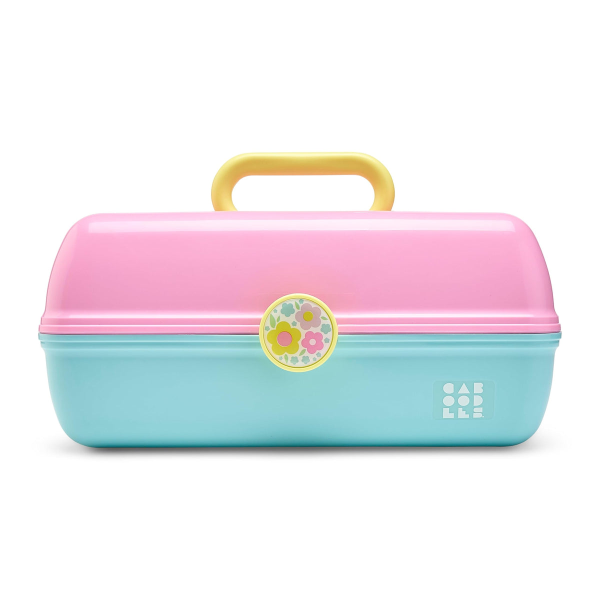 Caboodles front exterior showing two-tone pink and blue and secure latch for travel