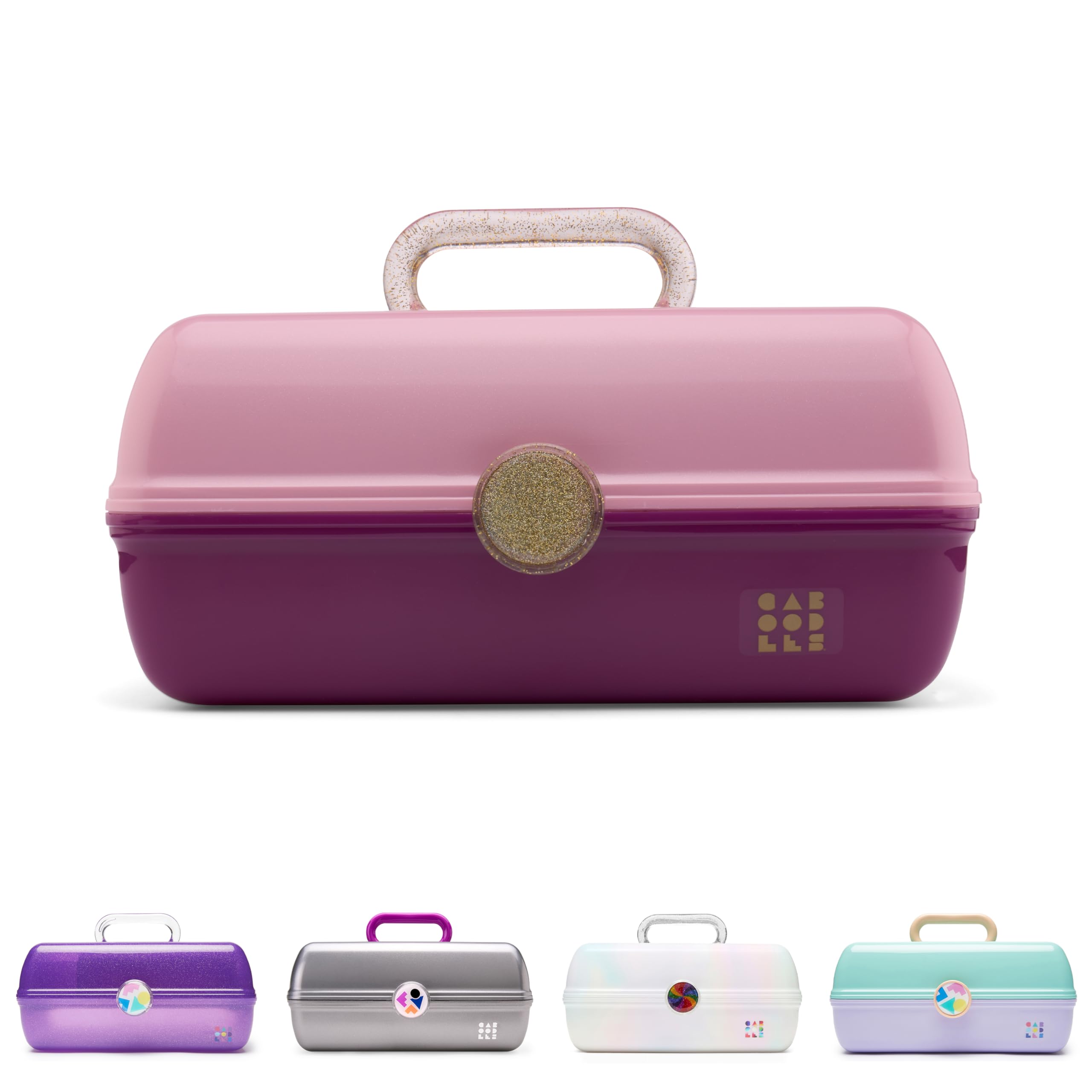 Caboodles front view of two-tone pink box showing retro design and easy portability