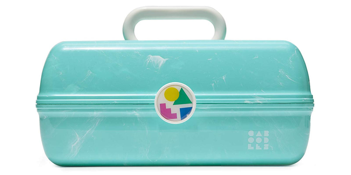 Caboodles turquoise makeup box front view showing secure latch and handle benefit portability
