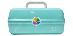 Caboodles turquoise makeup box front view showing secure latch and handle benefit portability