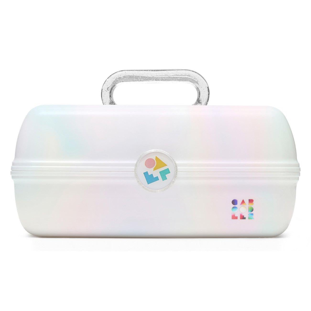 Caboodles front view white opal showing clean exterior and secure latch benefit portability