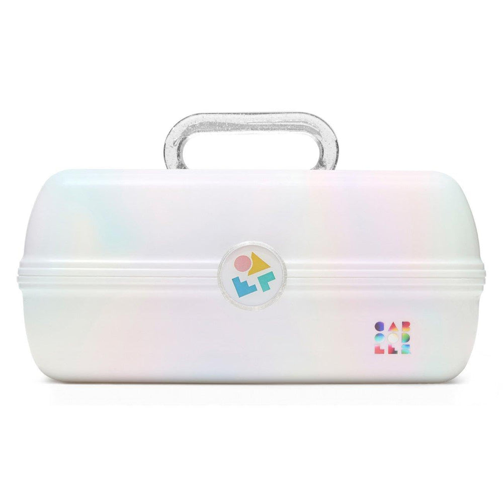 Caboodles front view white opal showing clean exterior and secure latch benefit portability