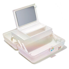 Caboodles open tray and mirror showing organized compartments for quick touch-ups