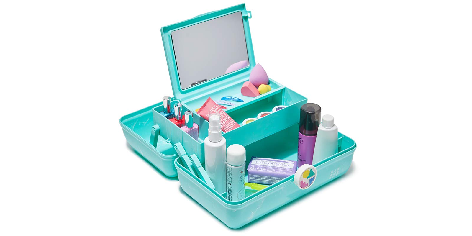 Caboodles open interior showing removable three-compartment tray and mirror for organized access