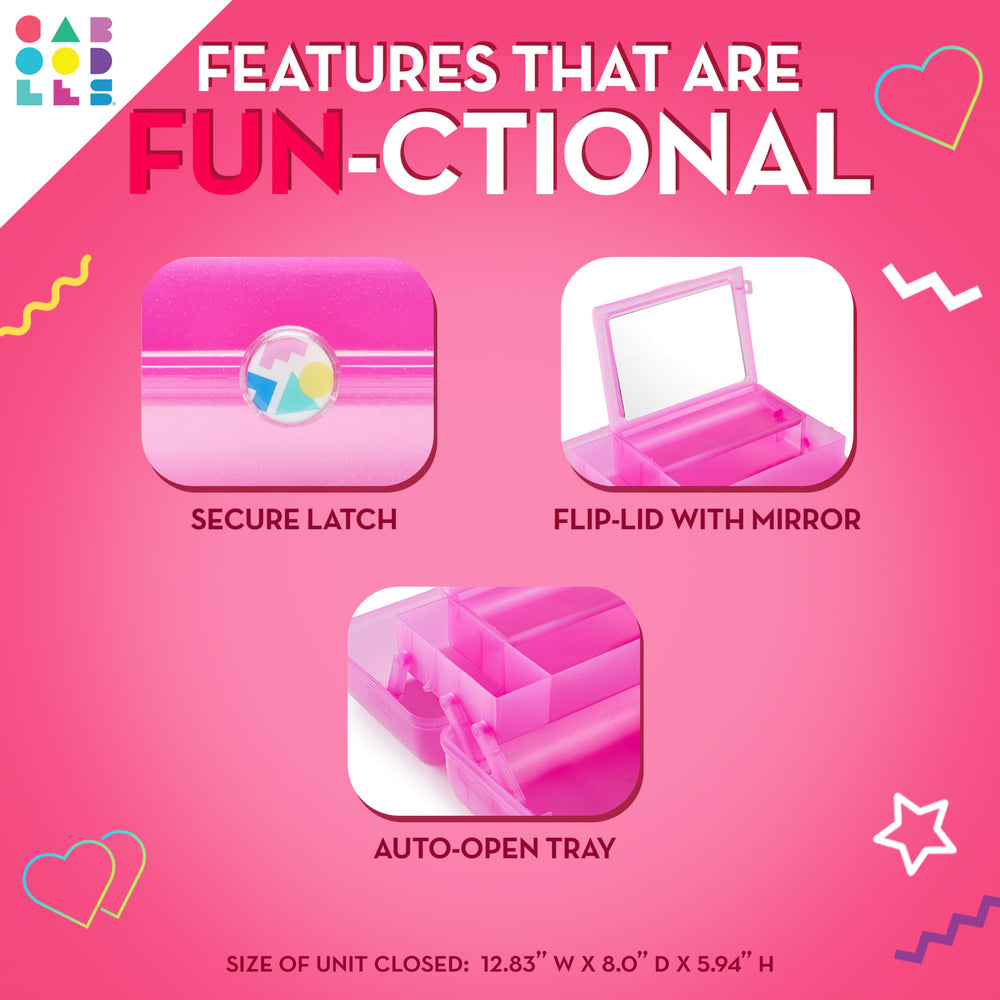 Caboodles secure latch and sturdy handle close-up showing safe closure and easy carrying benefit security