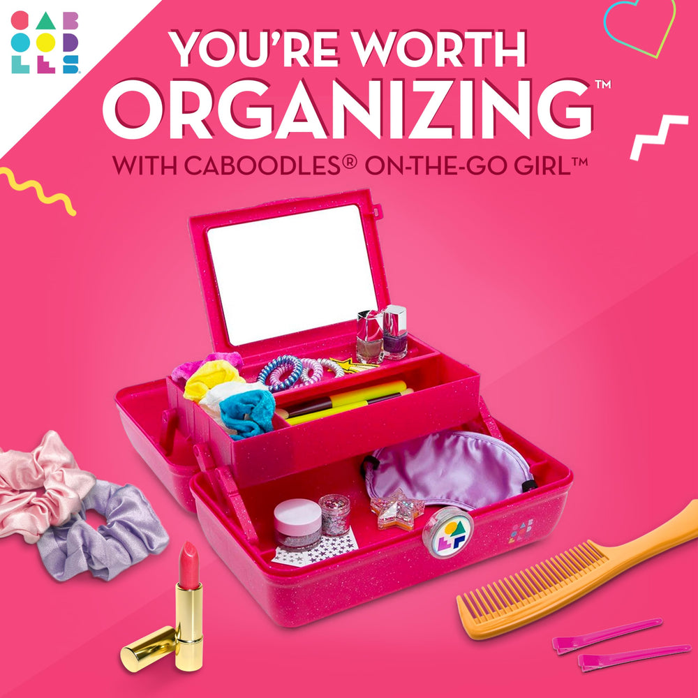 Caboodles top open revealing three-compartment removable tray and organized small items benefit sorting