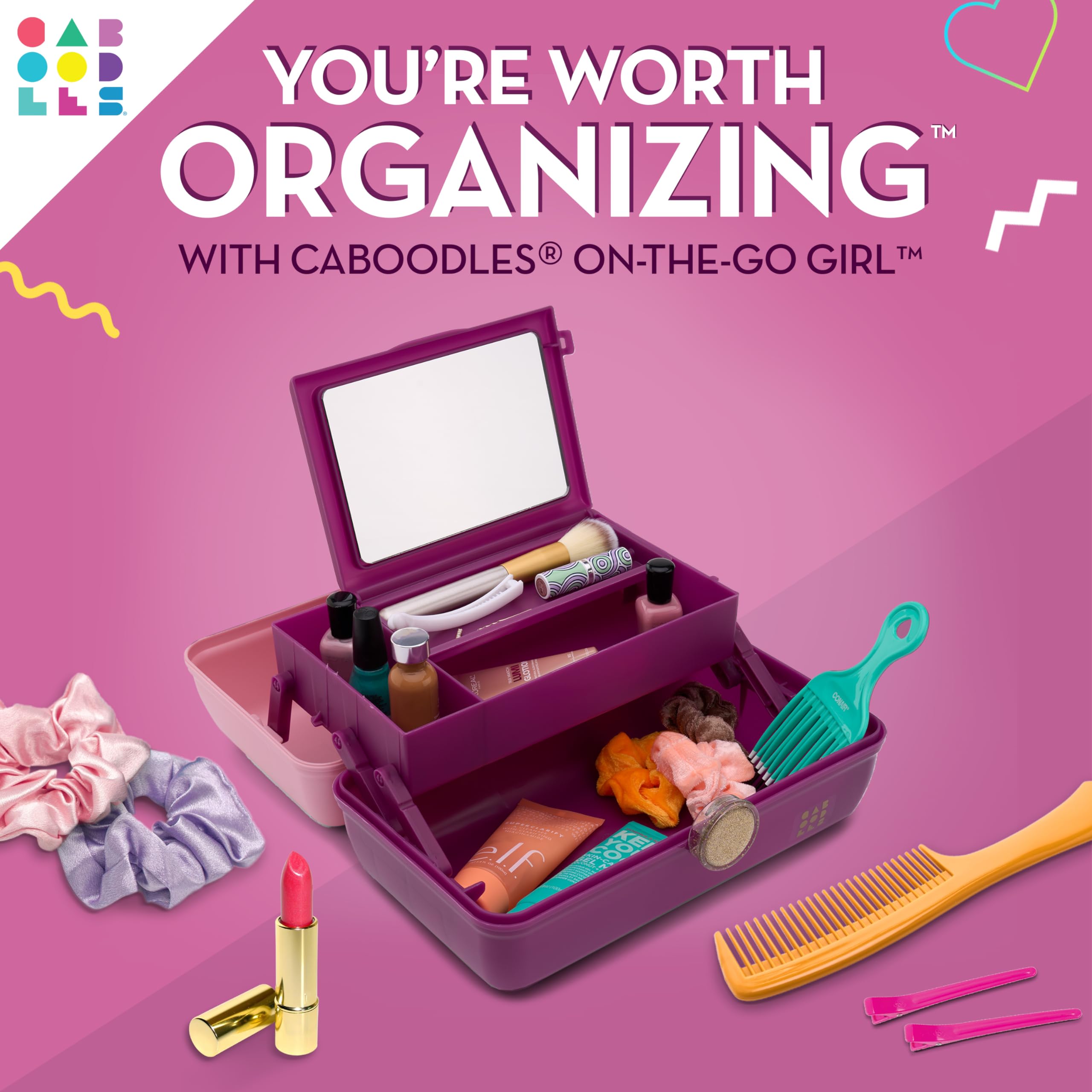 Caboodles open top tray showing three compartments for fast access and organization