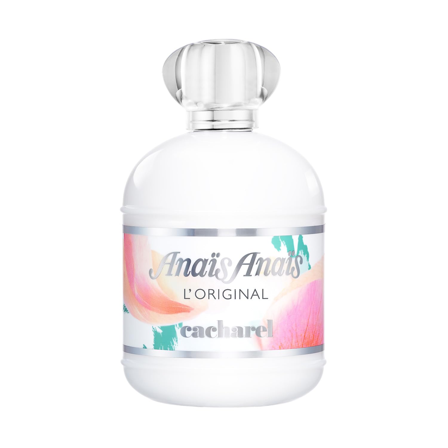 Cacharel Anais Anais front bottle showing elegant white opaline and silver cap for graceful display