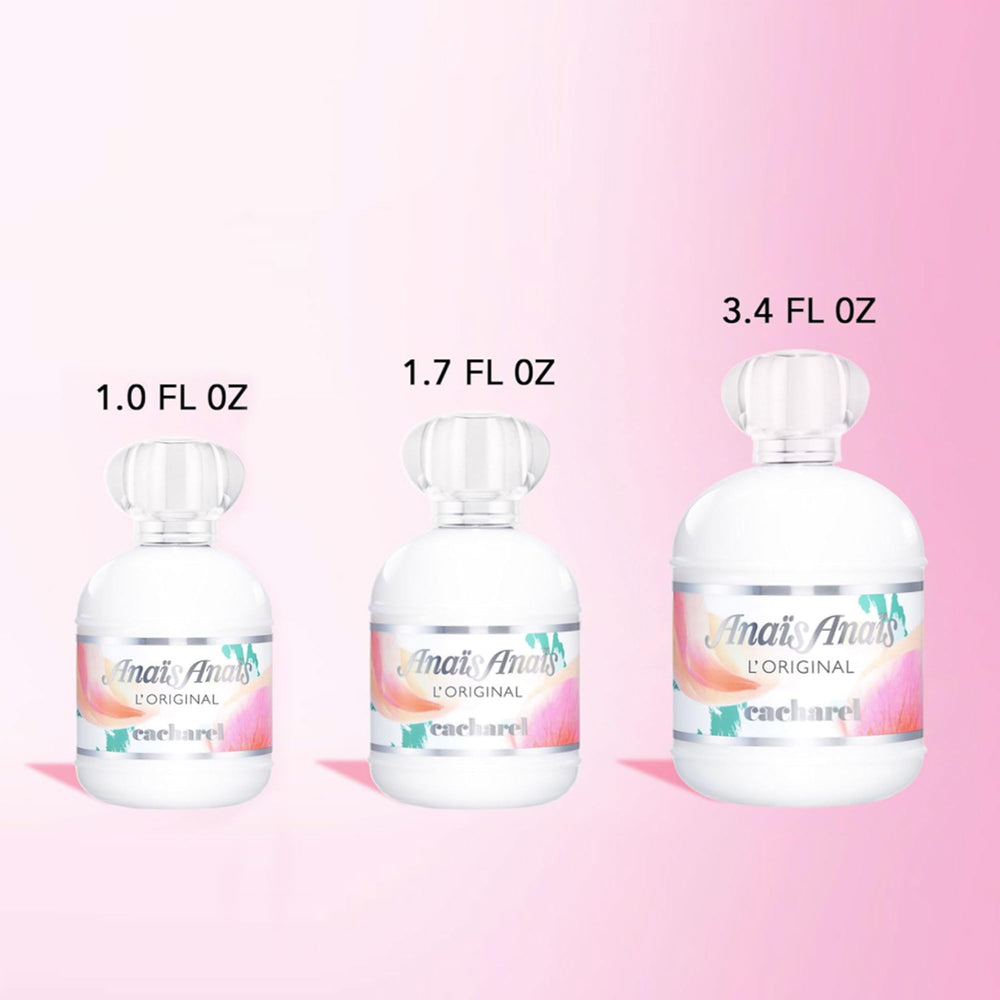 Cacharel Anais Anais staged on vanity with flowers to convey romantic everyday elegance