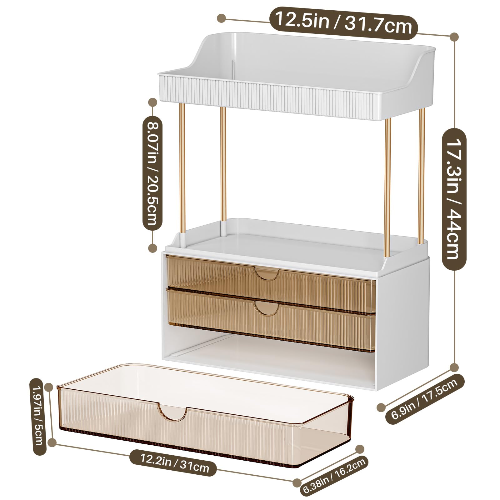 caktraie open drawer filled with lipsticks and palettes for organized makeup storage