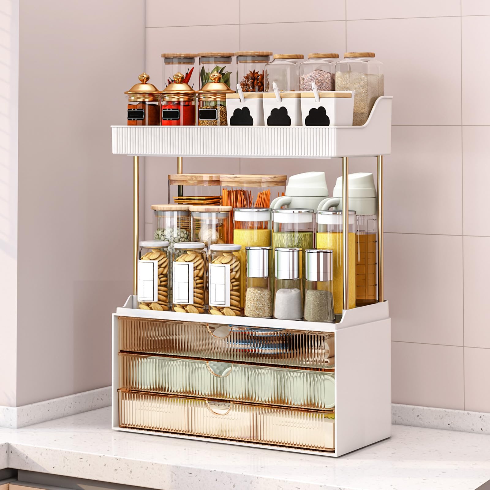 caktraie used in kitchen holding spice bottles and condiments for easy reach