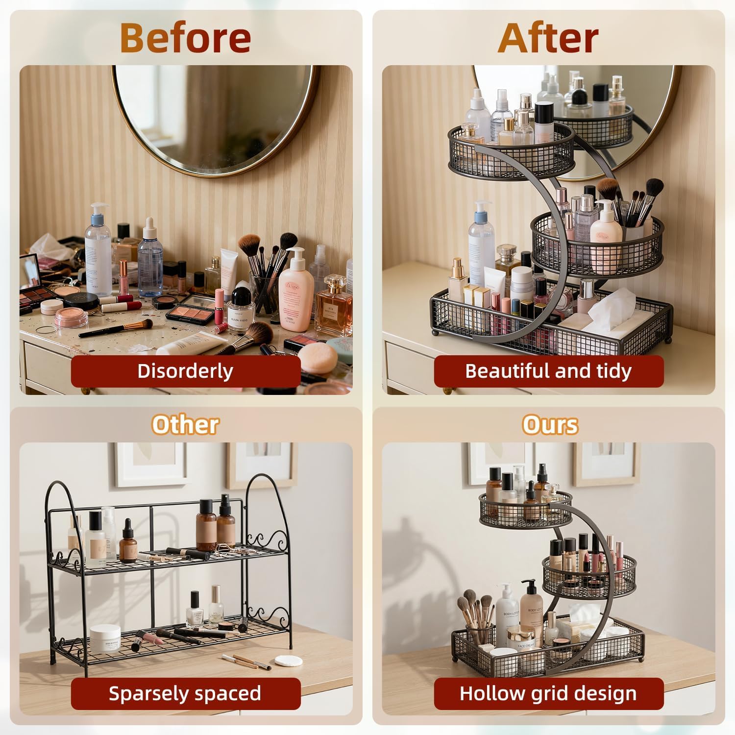 Calaytaly bottom shelf holding perfumes and palettes for stable heavy-item storage