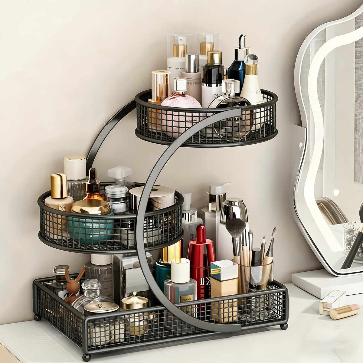 Calaytaly front view of three-tier shelf showing organized cosmetics and easy reach