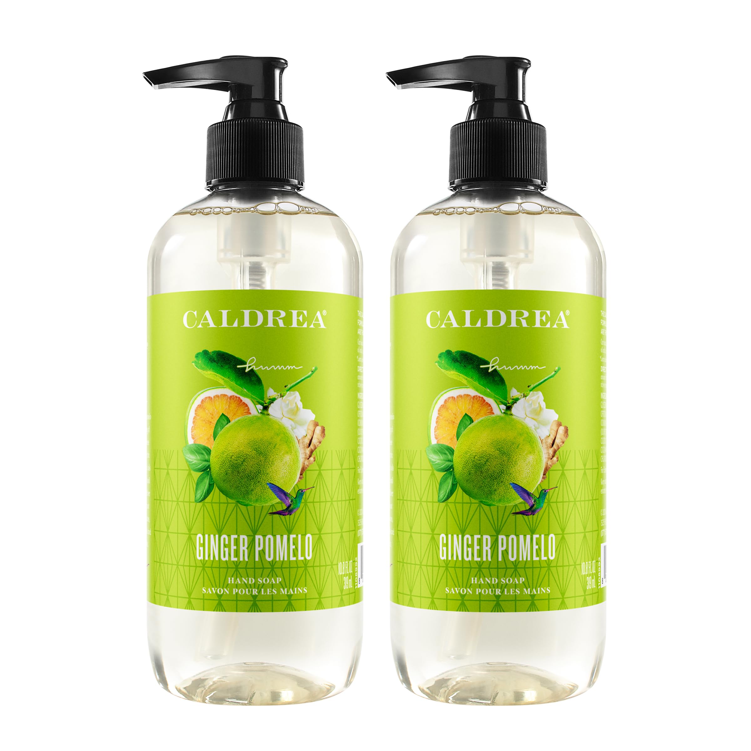 Caldrea bottle front view showing Ginger Pomelo label and elegant packaging benefit: stylish sink display