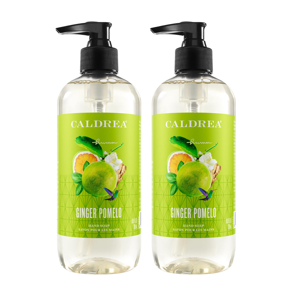 Caldrea bottle front view showing Ginger Pomelo label and elegant packaging benefit: stylish sink display