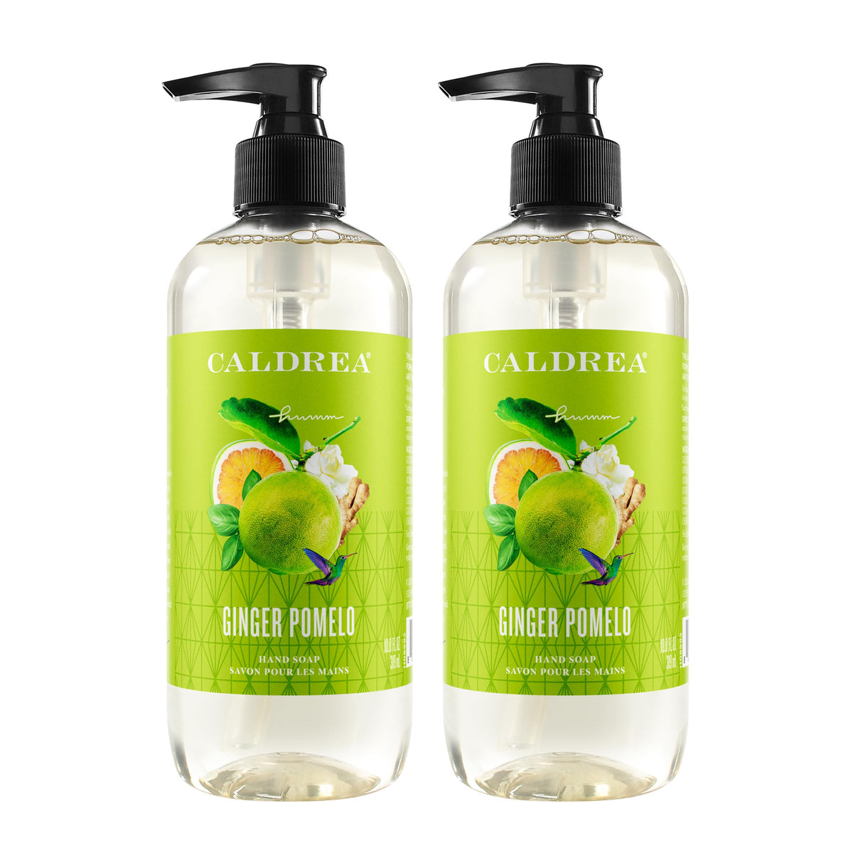 Caldrea bottle front view showing Ginger Pomelo label and elegant packaging benefit: stylish sink display