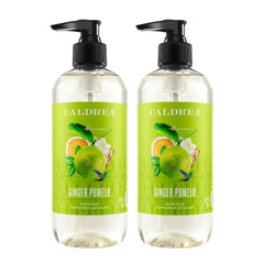 Caldrea bottle front view showing Ginger Pomelo label and elegant packaging benefit: stylish sink display