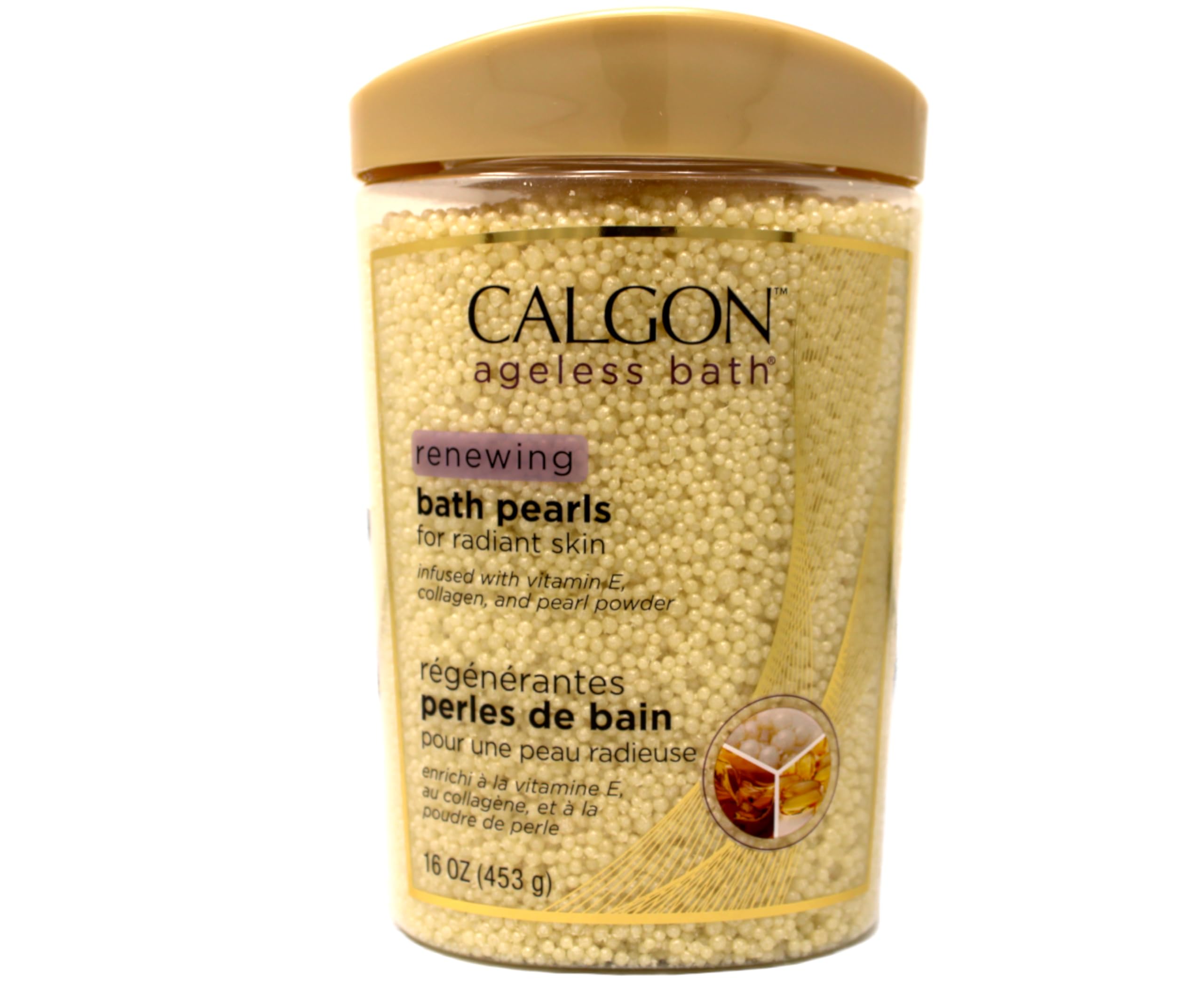 Calgon close-up of pearlescent beads dissolving, showing texture and quick dissolve benefit