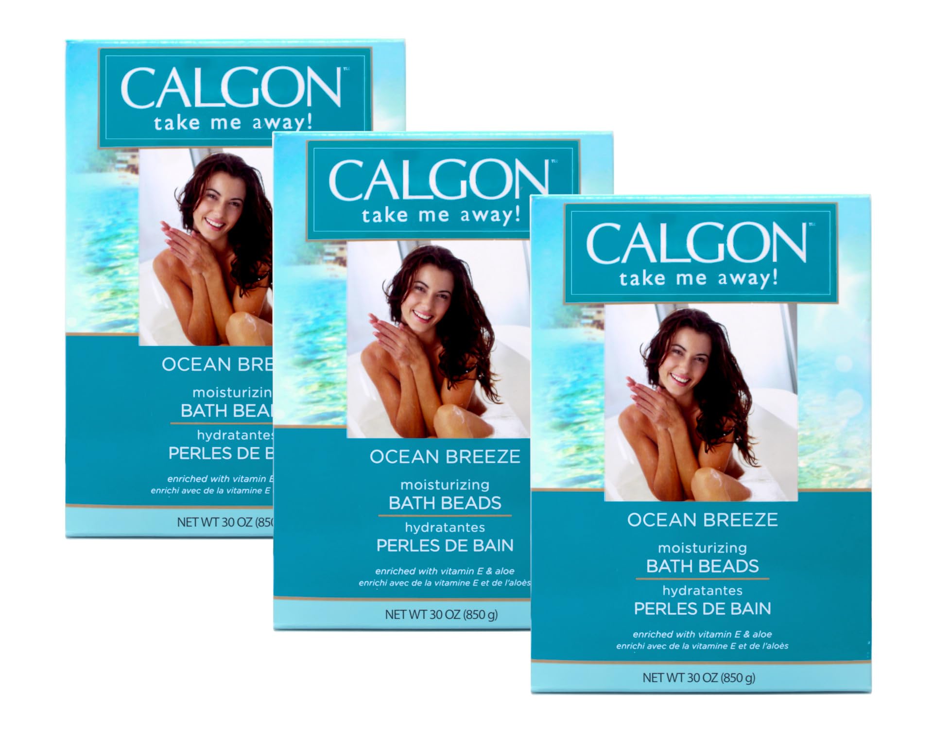 Calgon Ocean Breeze front packaging showing bottle and brand, emphasizes hydration benefit