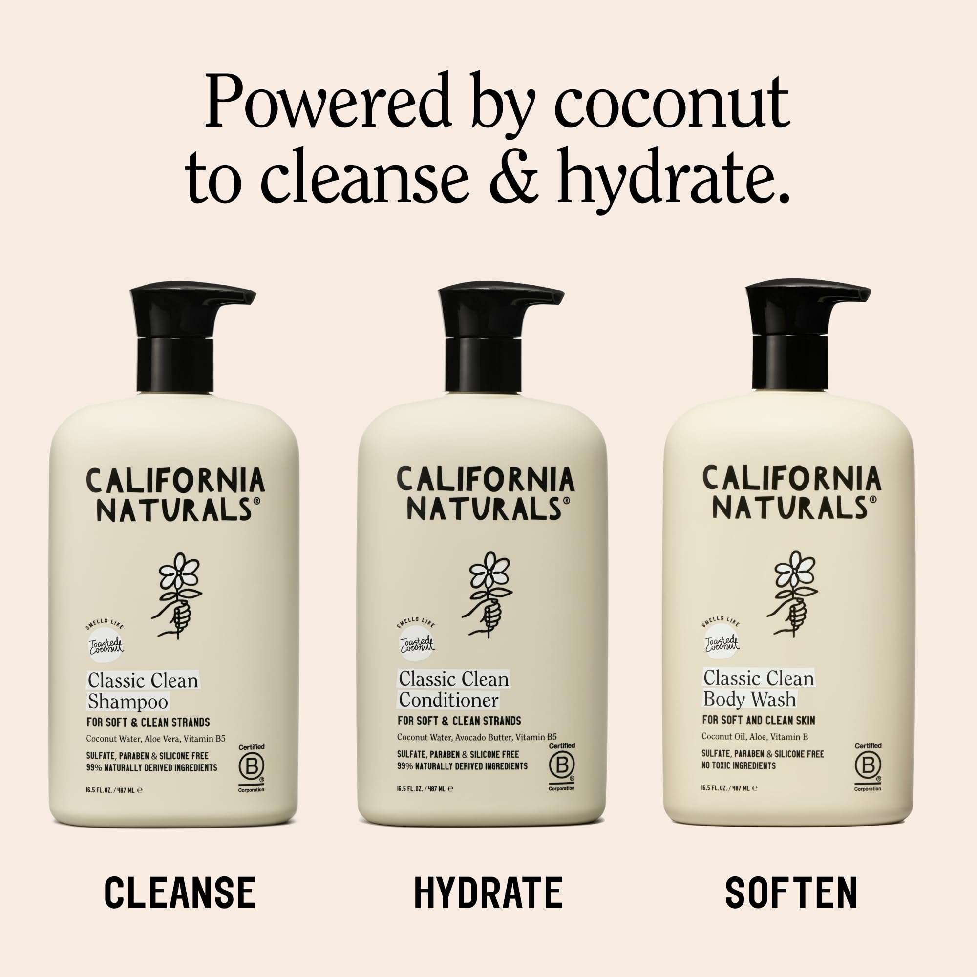 California Naturals bottle in shower scene, demonstrates convenient everyday use