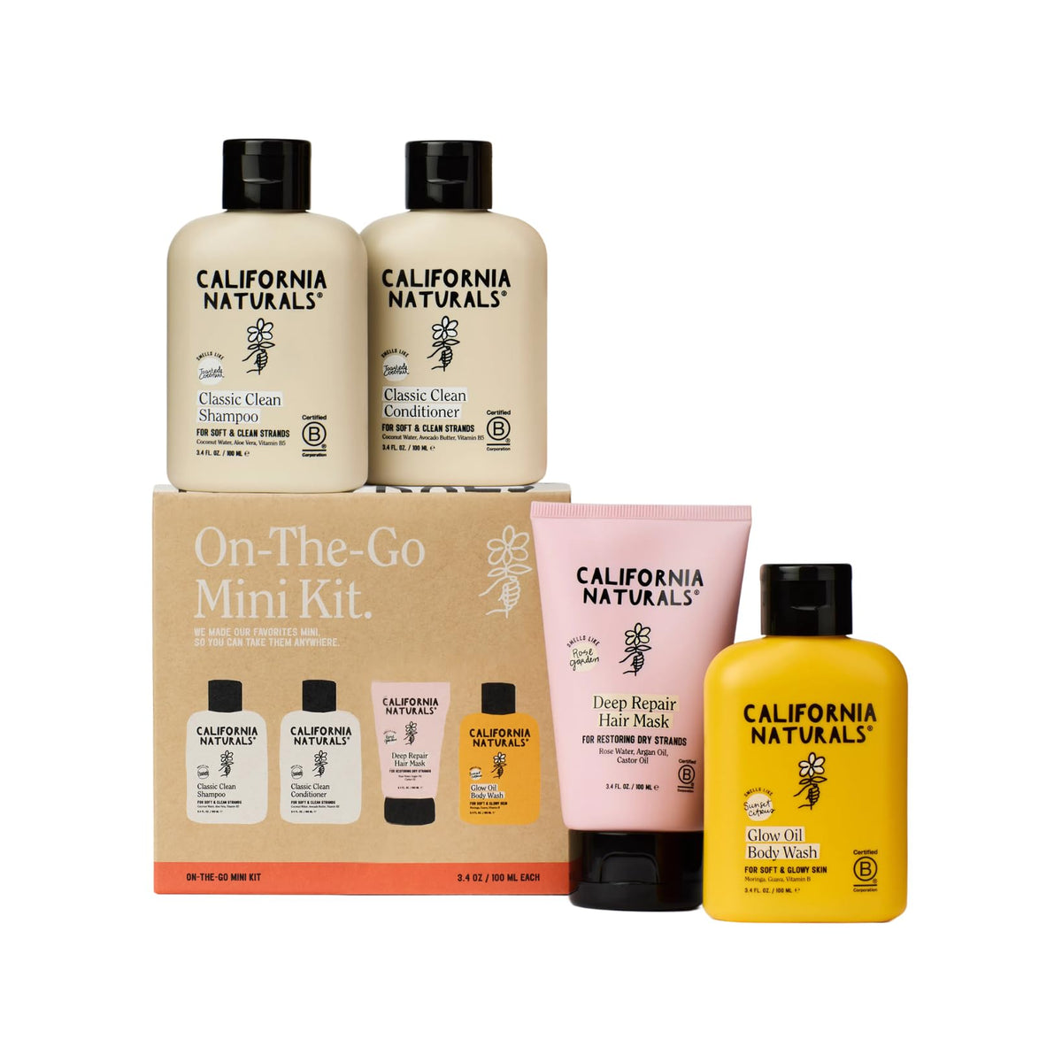 California Naturals front packaging showing four travel-size bottles for easy packing