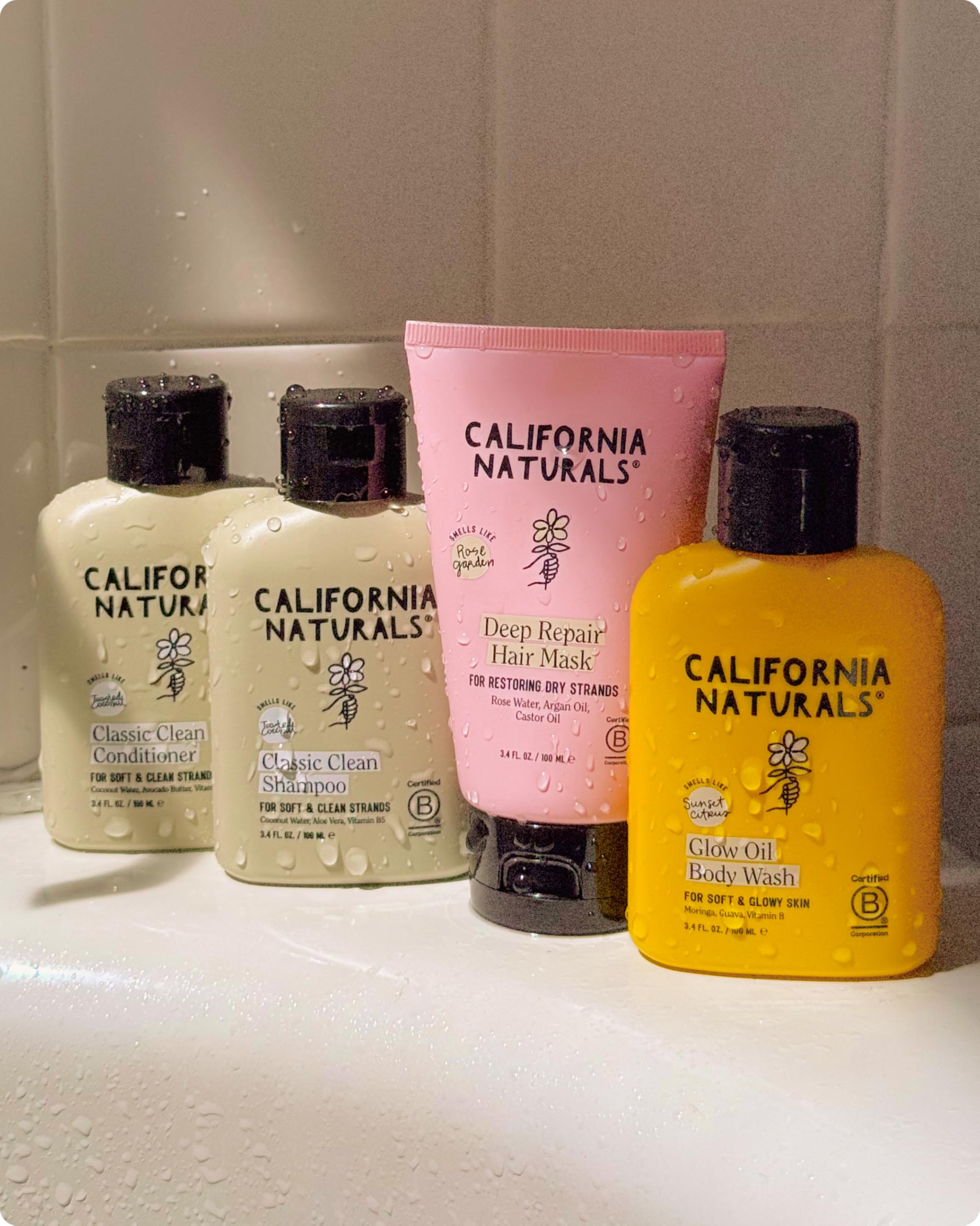 California Naturals mini bottle next to passport illustrating TSA-friendly 3.4 oz size