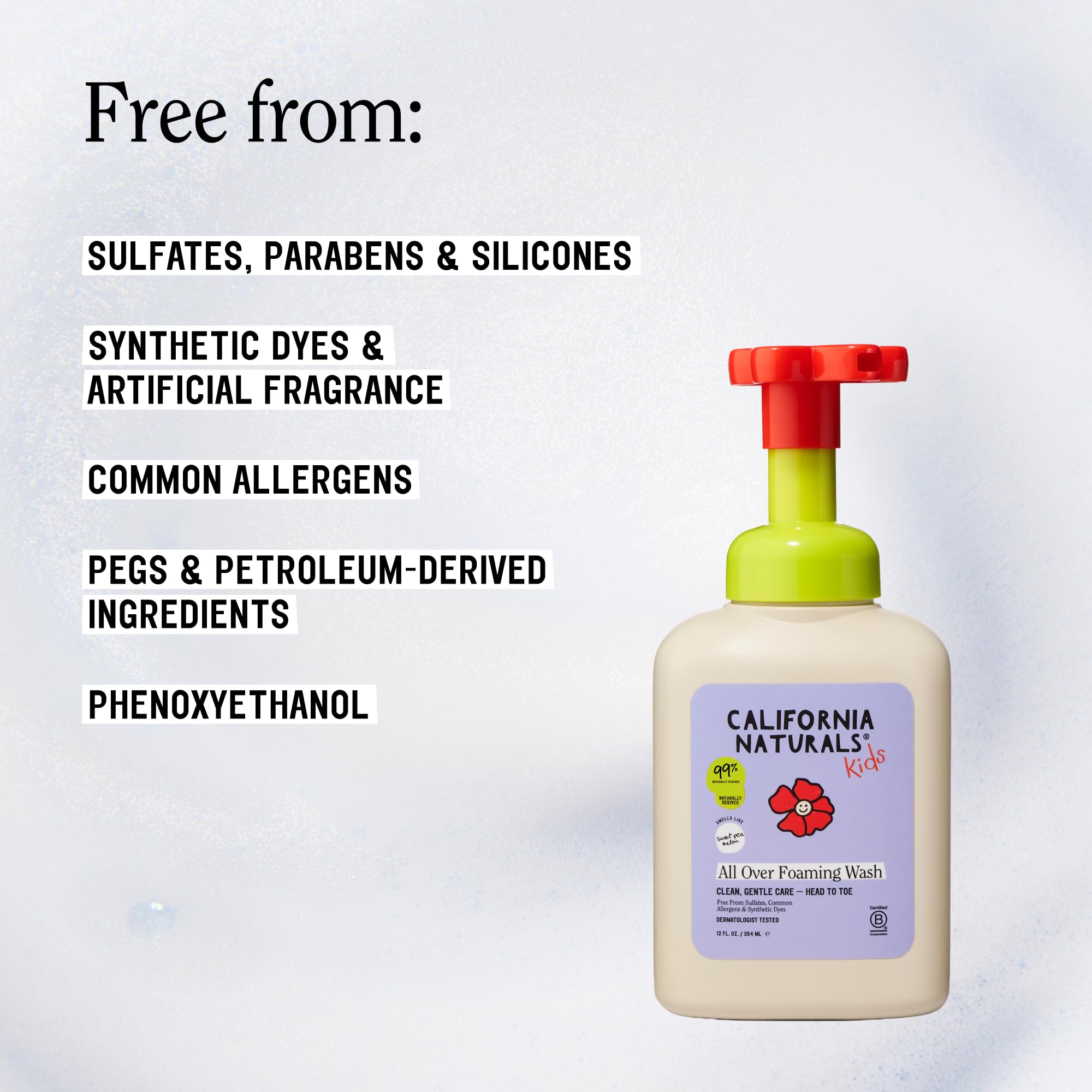 California Naturals close-up foam texture showing mild lather and gentle cleanse