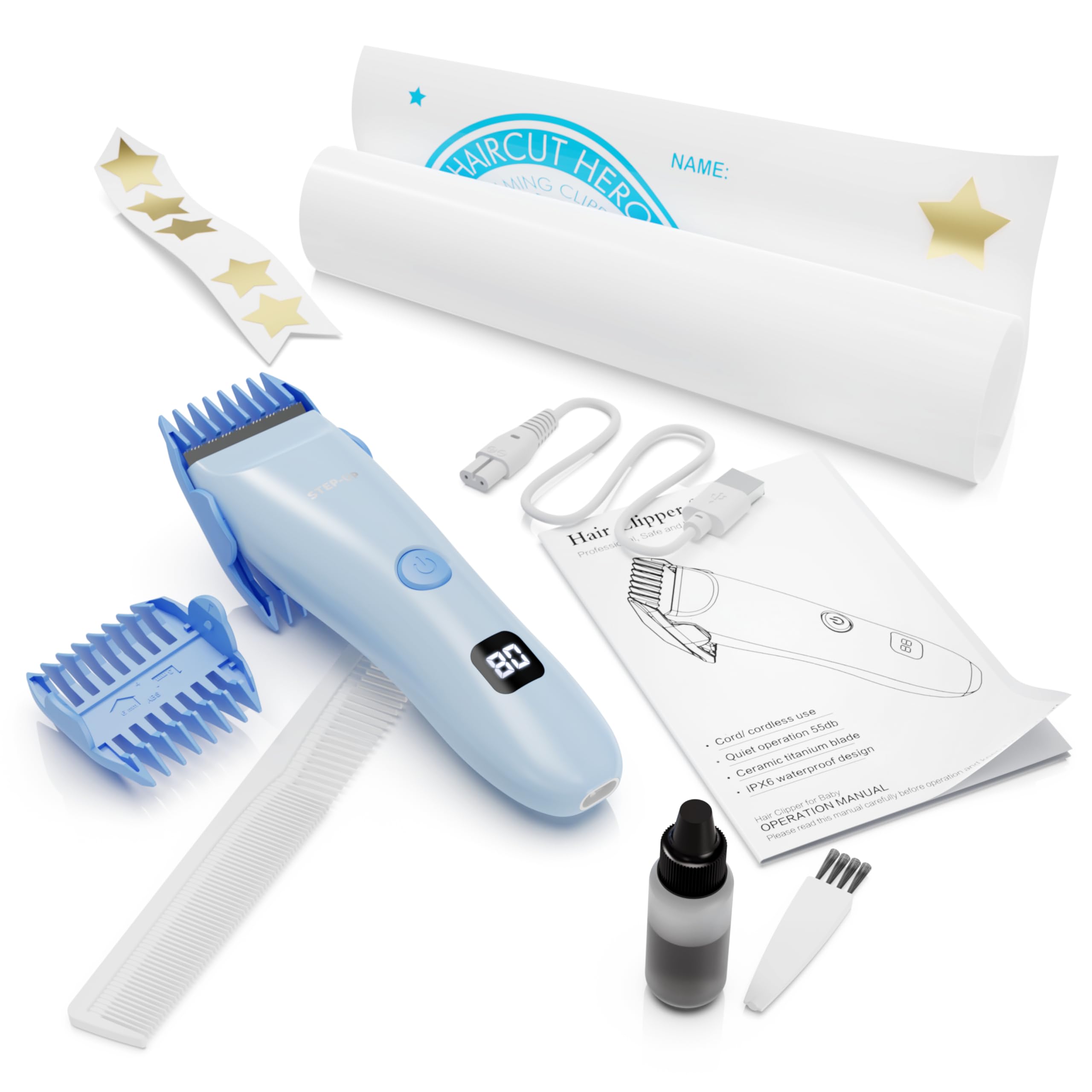 CALMING CLIPPER low-noise electric clipper included for gradual sound exposure