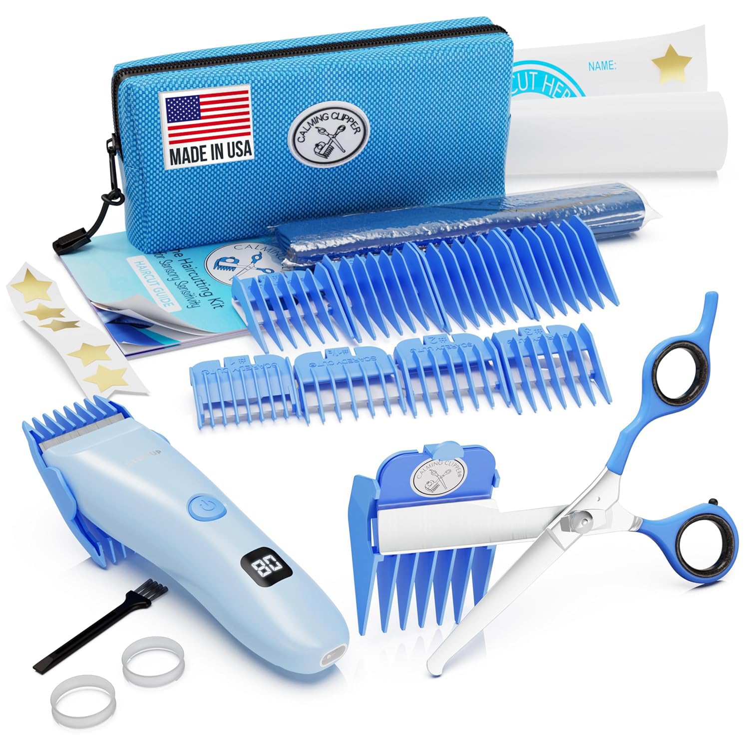 CALMING CLIPPER front packaging showcasing kit contents and calm haircut benefits