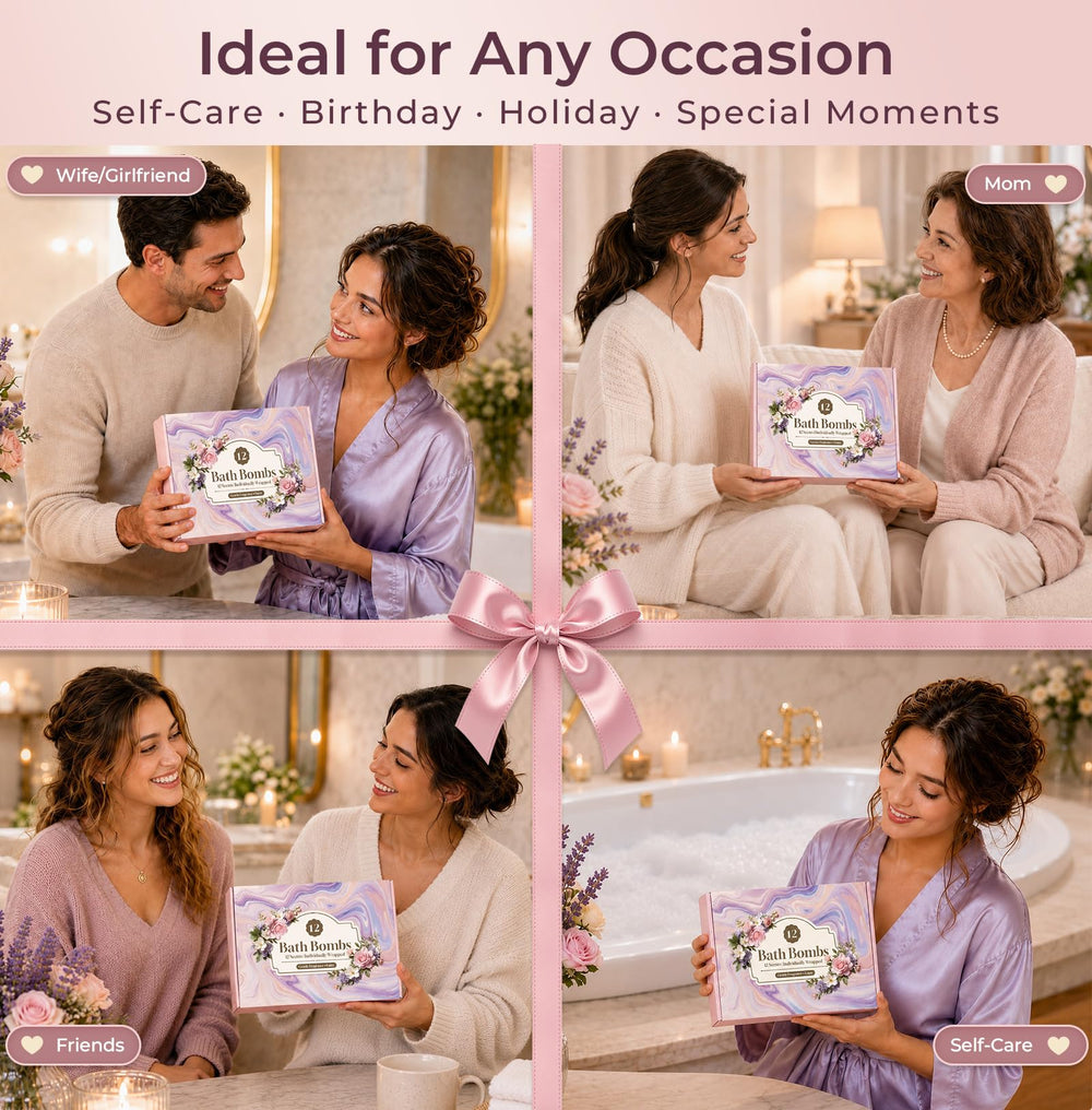 CalmNFiz bath bombs displayed in bathroom lifestyle scene promoting self-care ritual