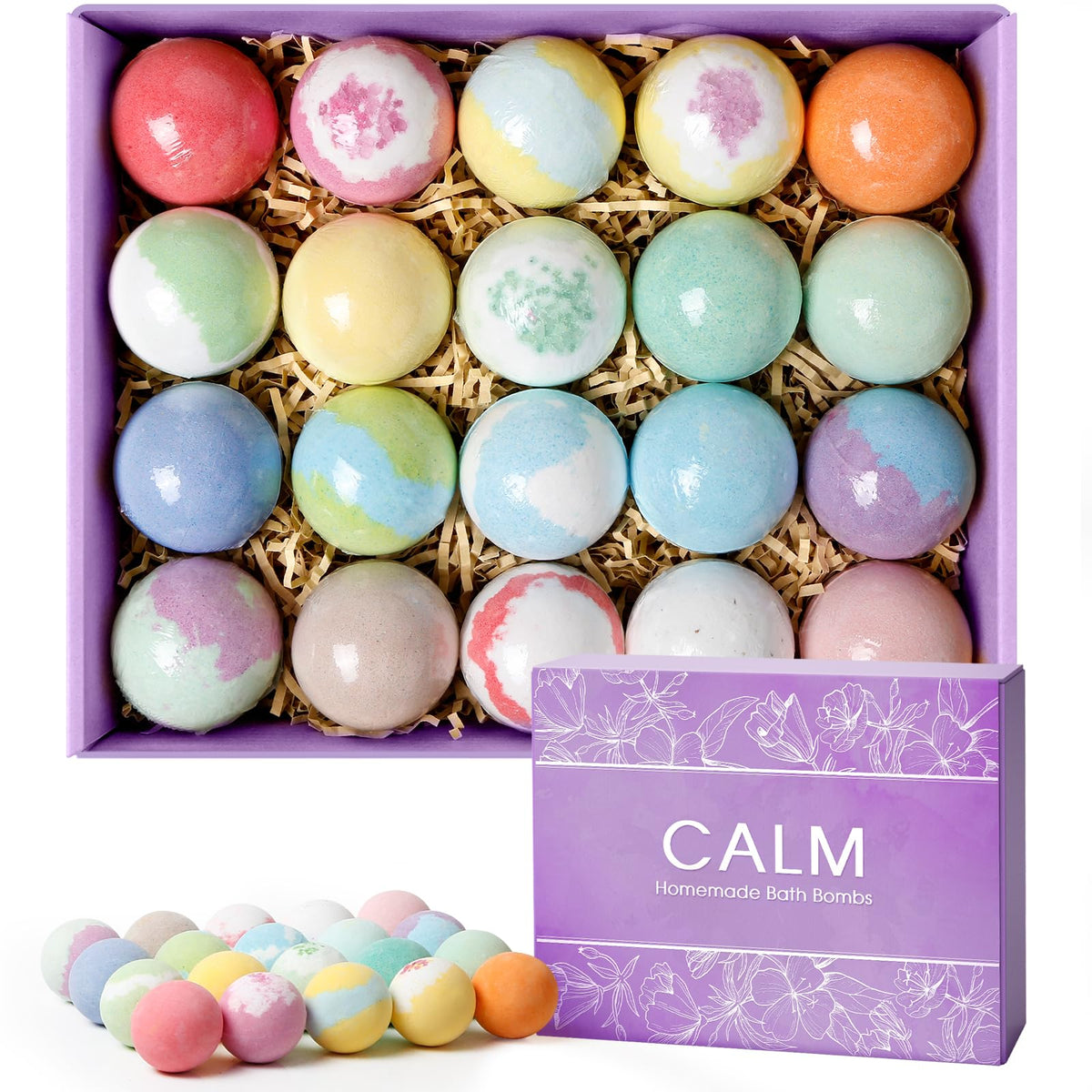 CalmNFiz front packaging showing 20 bath bombs for gifting and variety