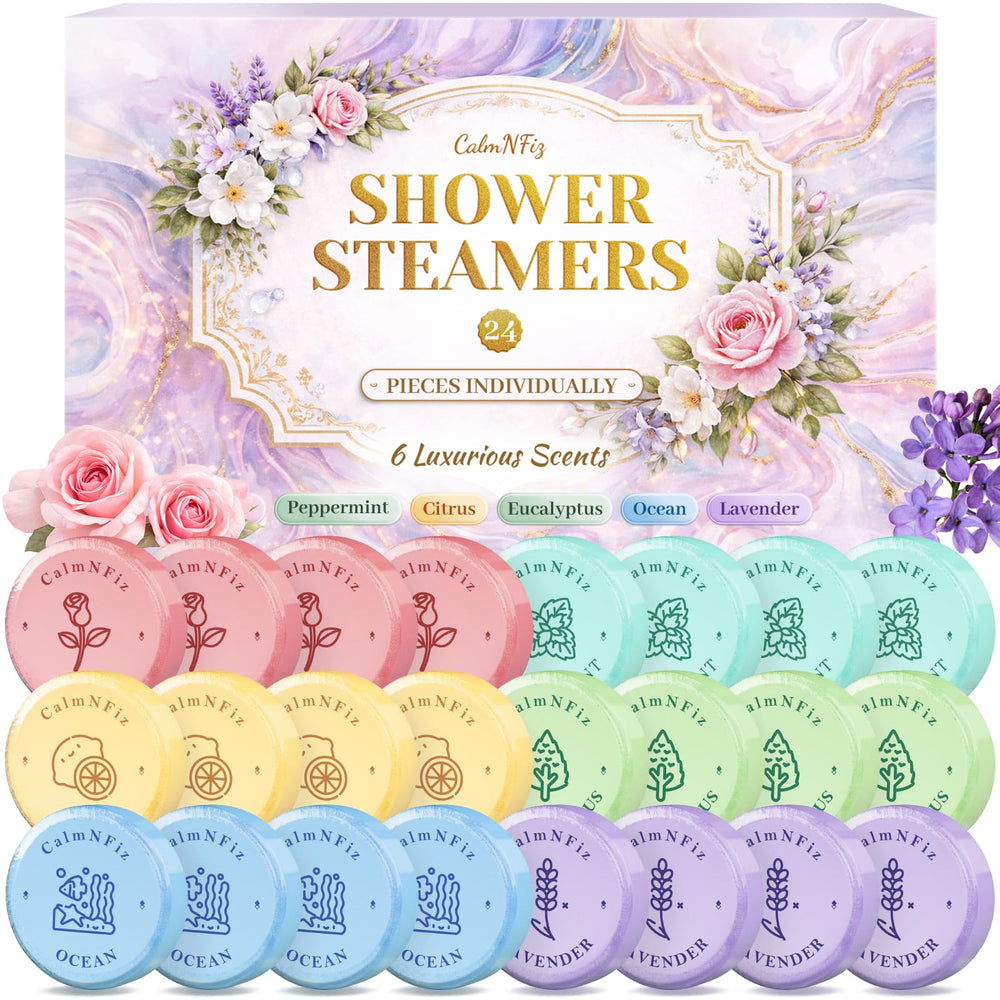 CalmNFiz front packaging showing 24-piece gift-ready box and floral design benefit: attractive presentation