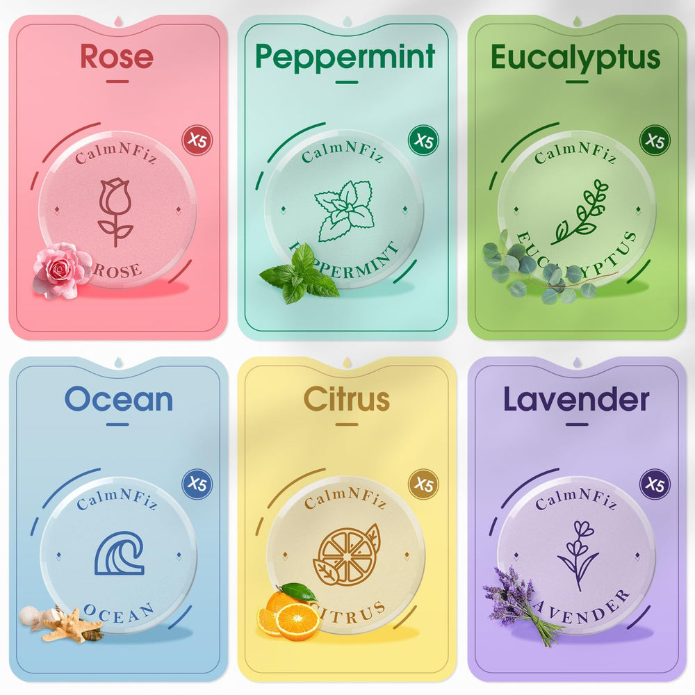 CalmNFiz six scent tablets arranged by color for easy scent selection