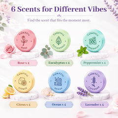 CalmNFiz six scents array with colored tablets representing each fragrance benefit: easy scent choice