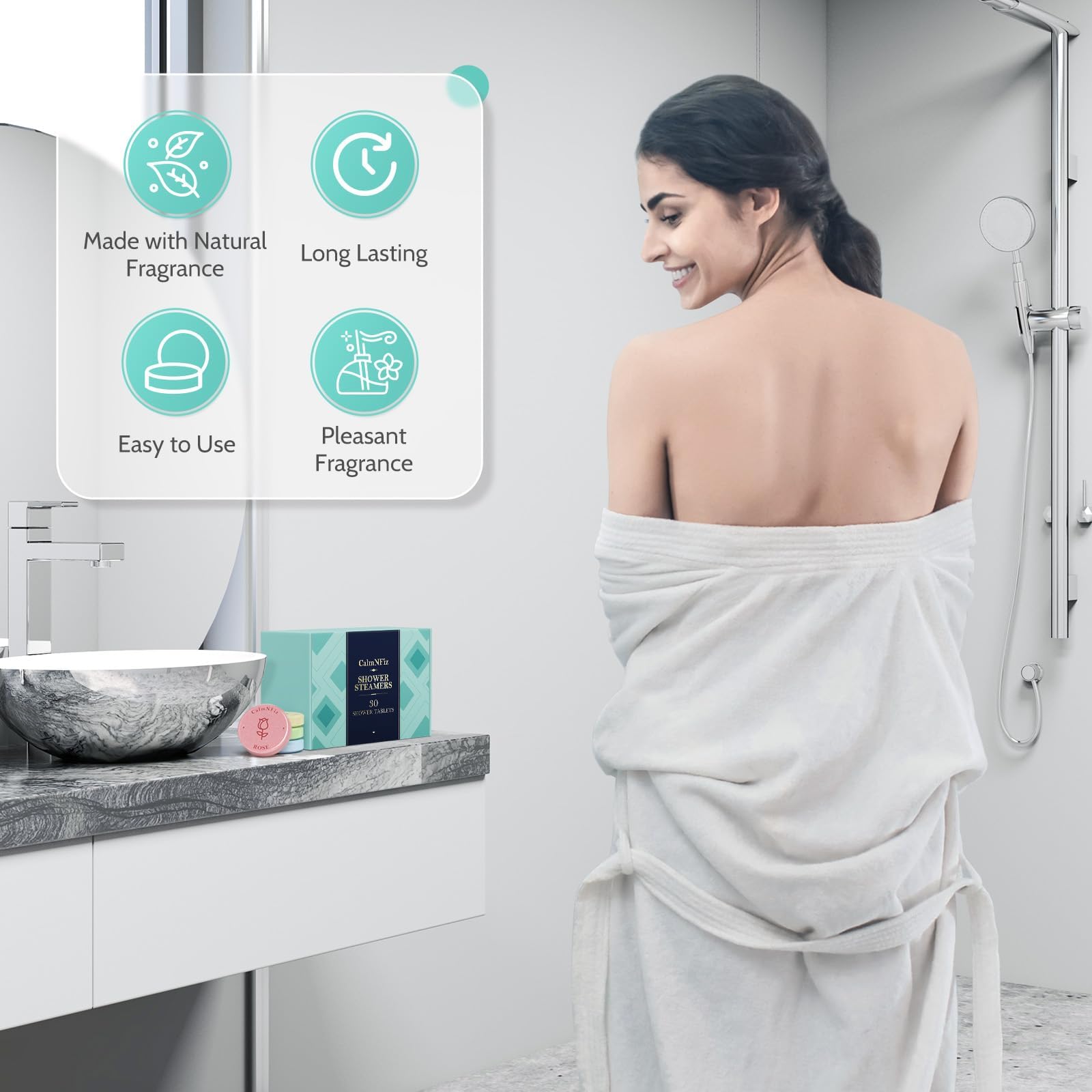 CalmNFiz tablet fizzing on shower floor releasing steam-scent for relaxation