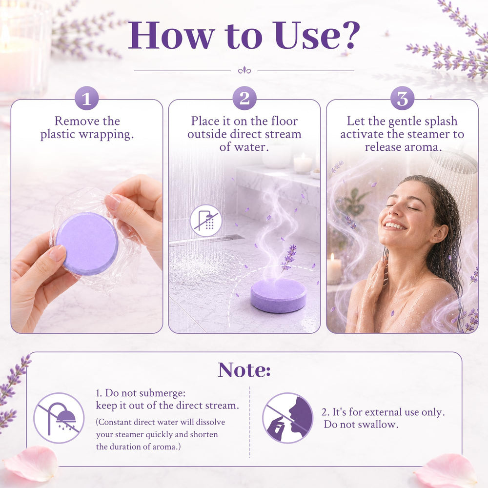 CalmNFiz tablet on shower floor releasing steam fragrance benefit: spa-like shower experience
