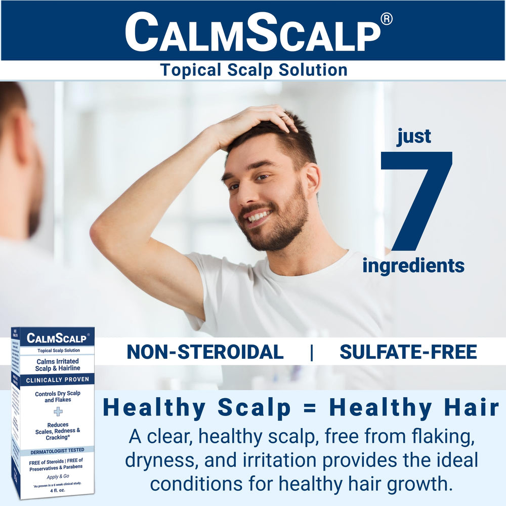 CalmScalp bottle staged with key ingredients highlighting gentle formula