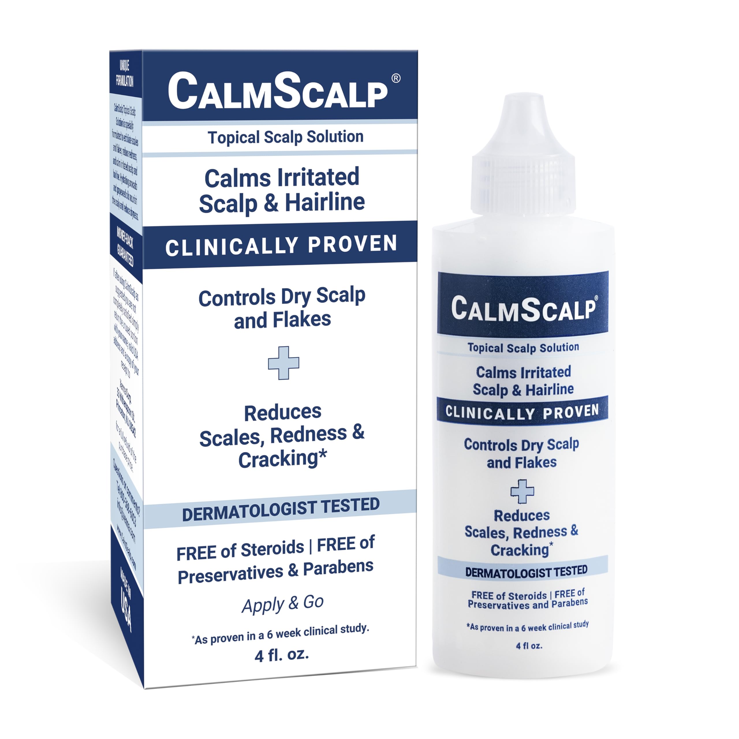 CalmScalp front packaging showing bottle and box for shelf appeal