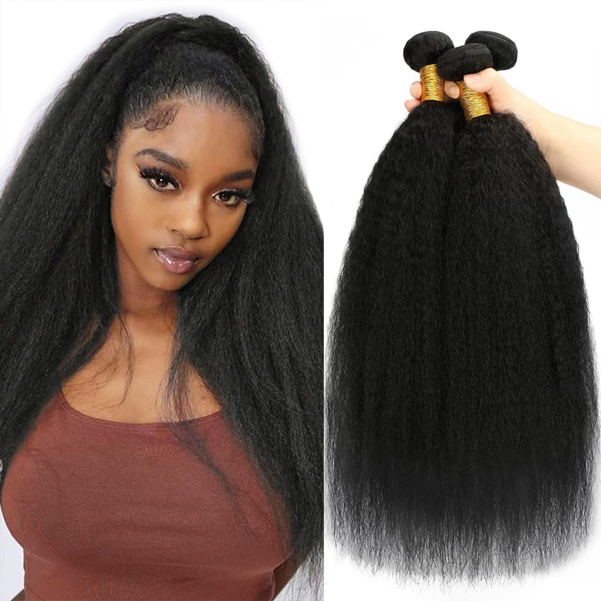 CALNESHIA front view of bundled kinky yaki hair shows full natural volume and easy styling