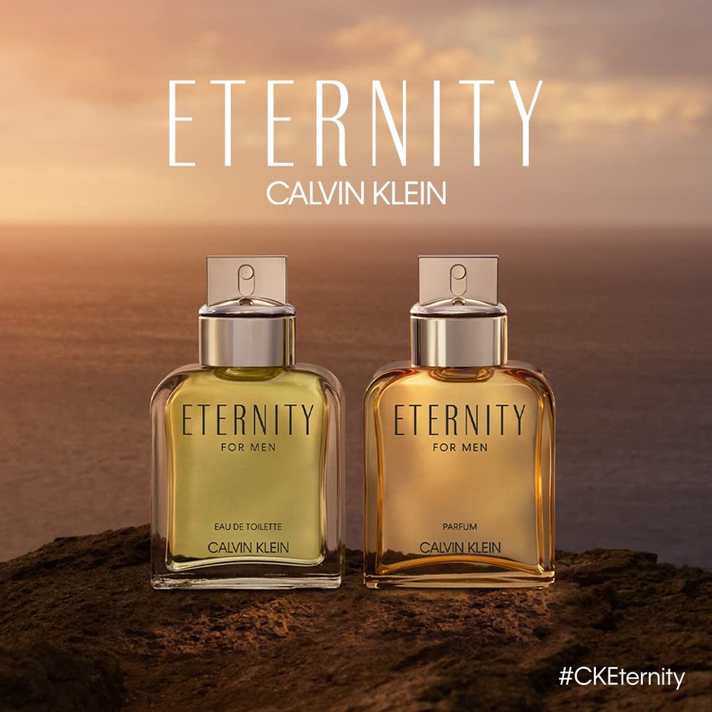 Calvin Klein Eternity with sandalwood and amber props showing woody base notes and lasting warmth benefit