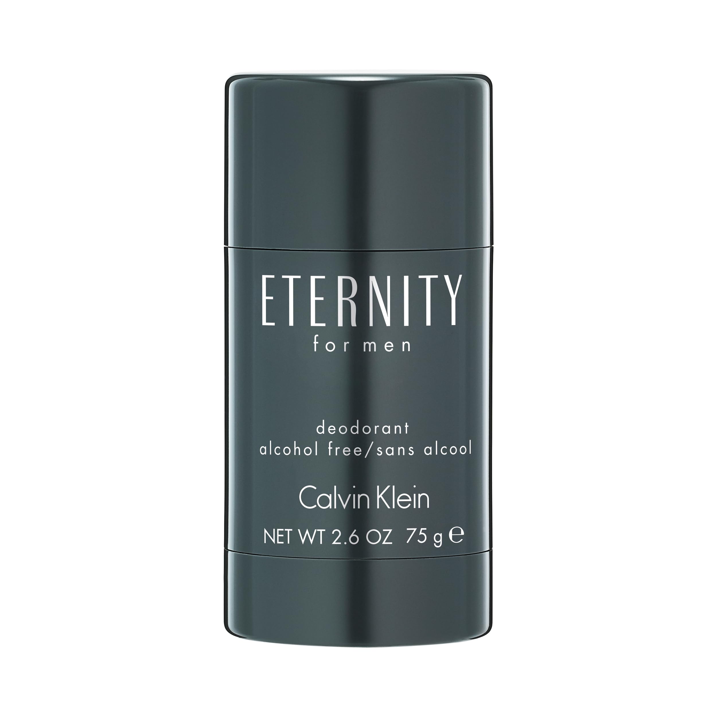Calvin Klein Eternity front packaging showing slim deodorant stick and branding benefit: elegant portability