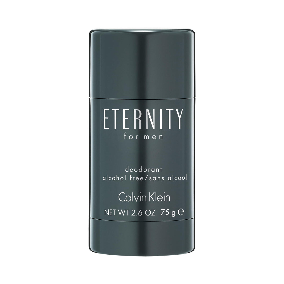 Calvin Klein Eternity front packaging showing slim deodorant stick and branding benefit: elegant portability