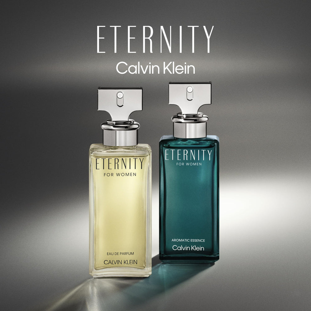 Calvin Klein Eternity next to common items for scale indicating 3.3 fl oz size