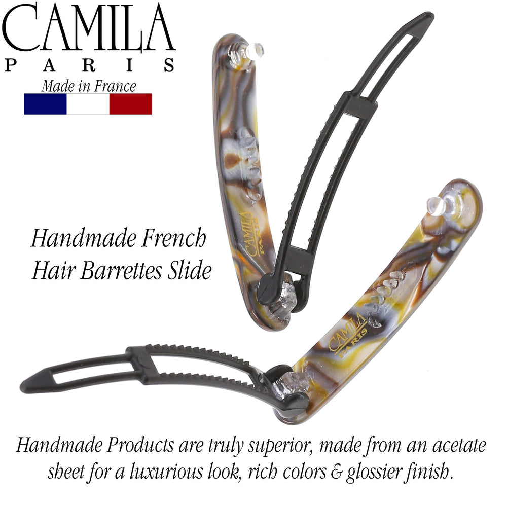 Camila Paris barrette worn as a side slide showing secure styling benefit
