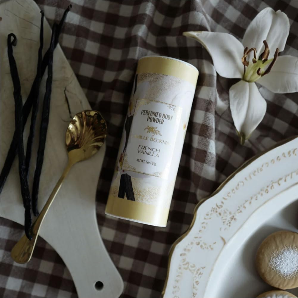 Camille Beckman fine starch texture close-up, highlights absorbent softness