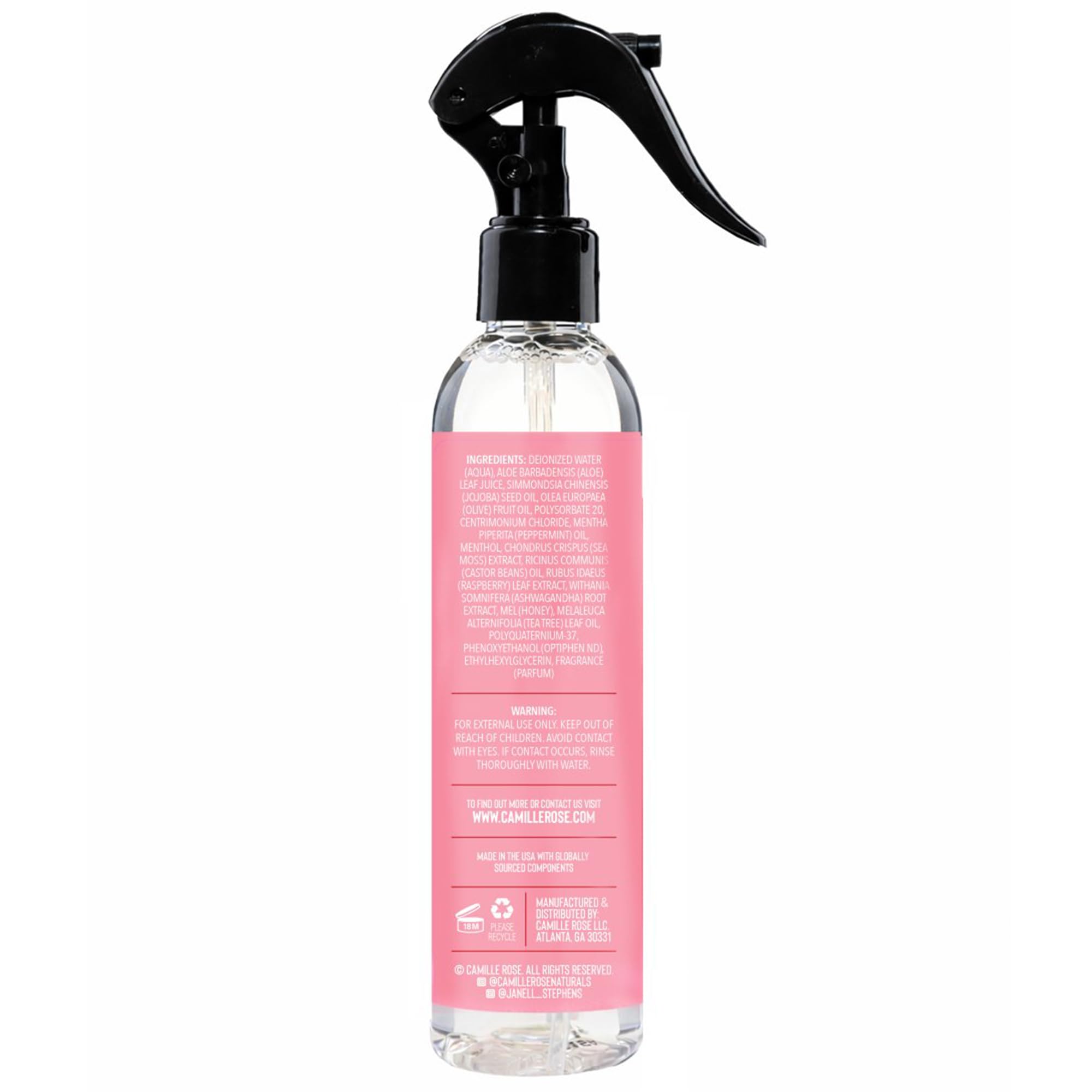 Camille Rose close-up of spray nozzle and label highlighting easy application