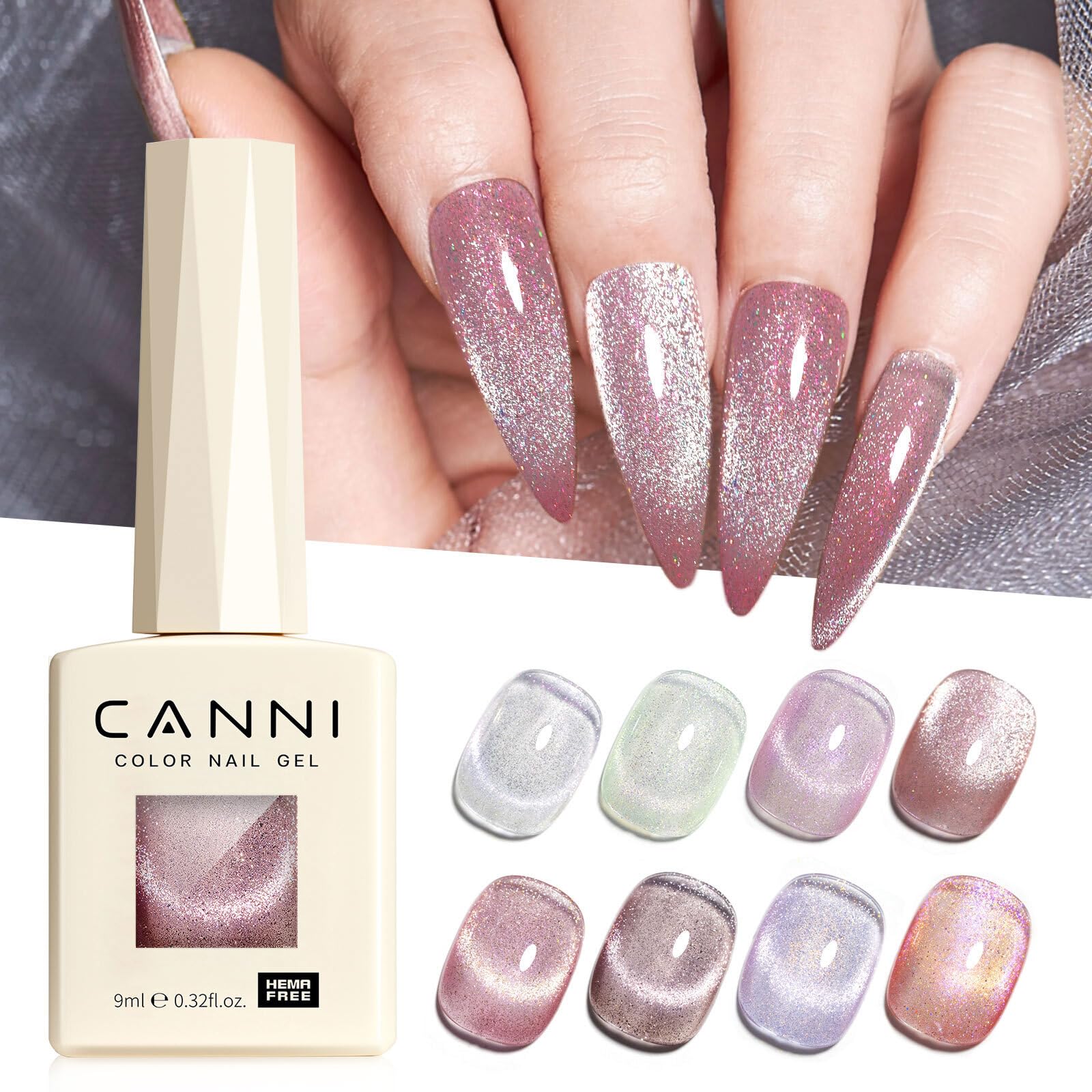 CANNI swatches displaying eight holographic and shimmer shades for styling ideas