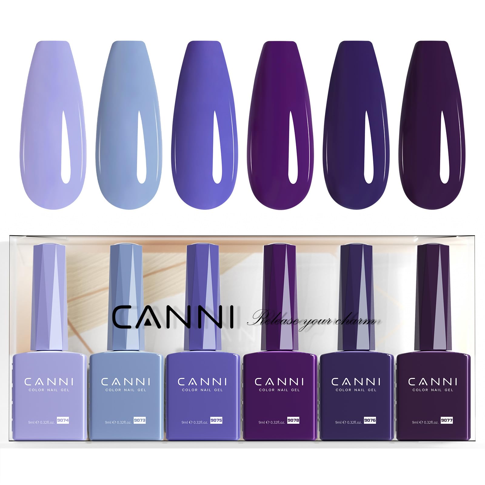 CANNI front packaging showing six purple gel bottles and clear color ID
