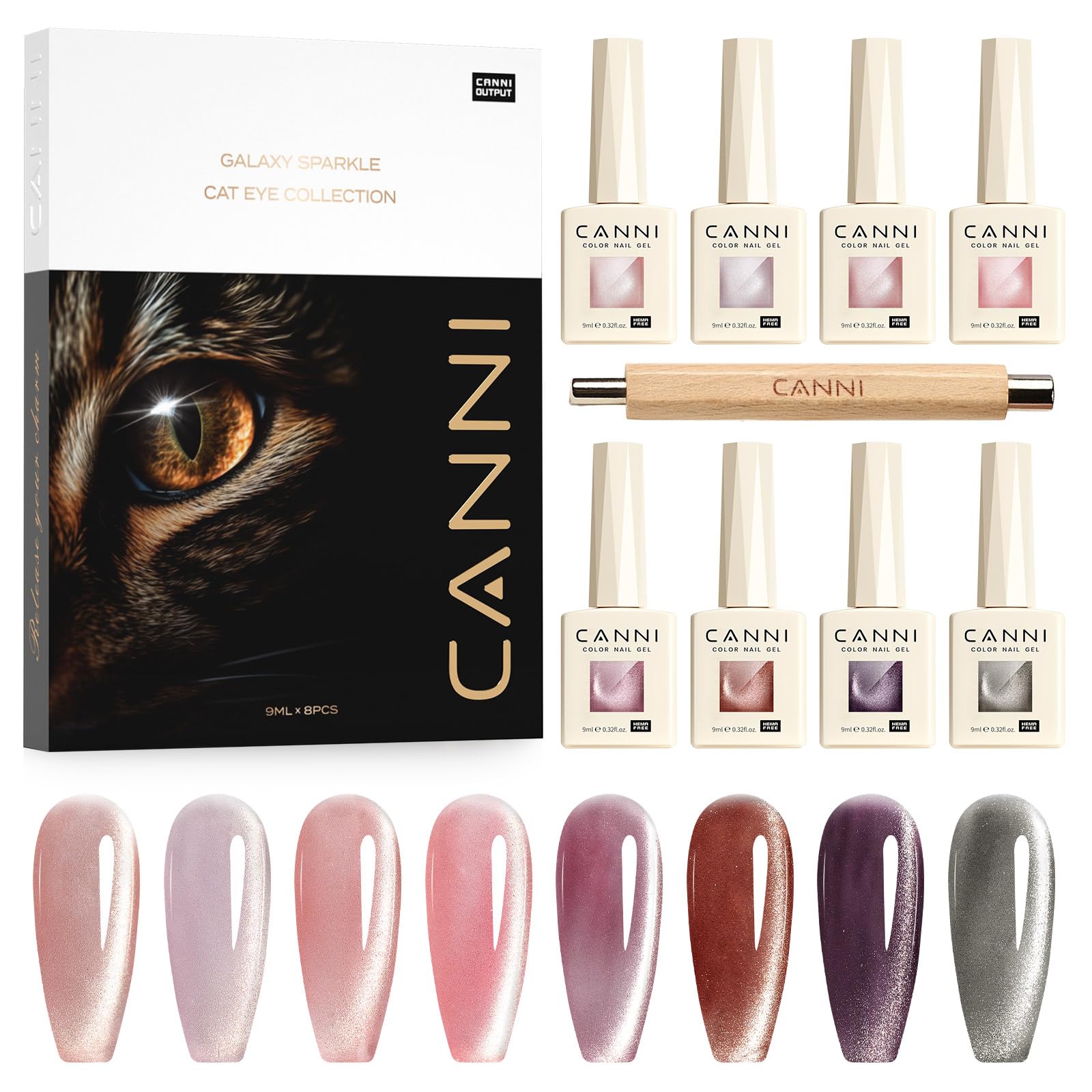 CANNI front packaging showing eight 9ml cat eye gel bottles and included magnet, perfect kit